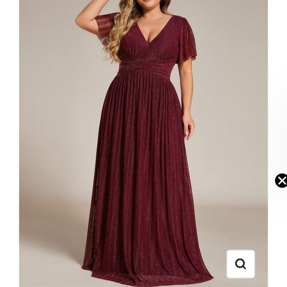 Plus Size V-Neck Glittery Short Sleeves Formal Gown with Empire Waist Burgundy - Picture 1 of 9
